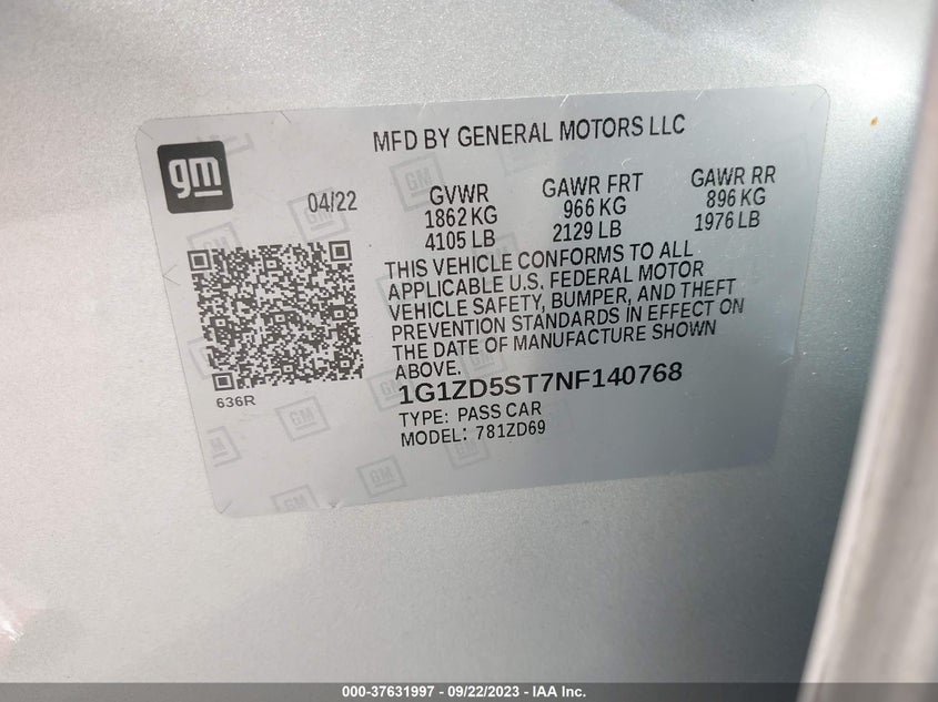 VIN 1G1ZD5ST7NF140768 2022 CHEVROLET MALIBU LT
