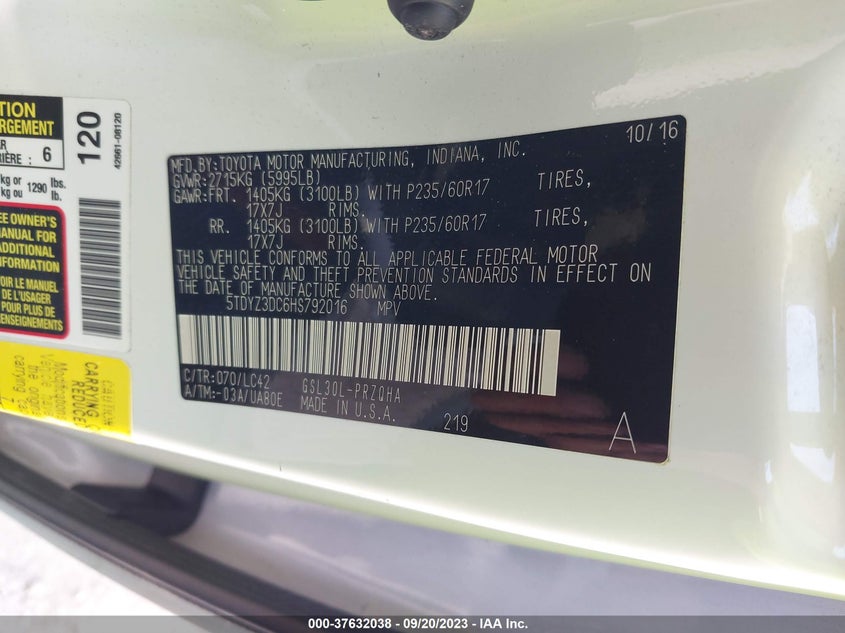 VIN 5TDYZ3DC6HS792016 2017 TOYOTA SIENNA XLE AUTO ACCESS