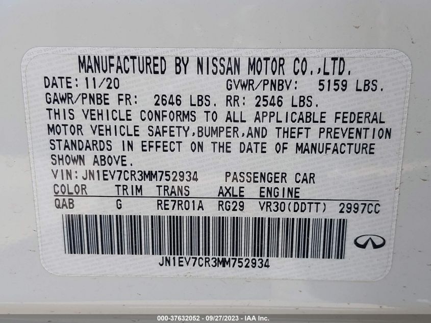 2021 INFINITI Q50 3.0L V6 FI DOHC 24V (VIN: JN1EV7CR3MM752934