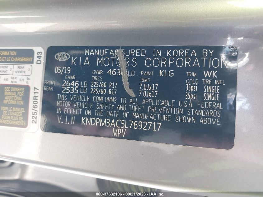 VIN KNDPM3AC5L7692717 2020 KIA SPORTAGE LX