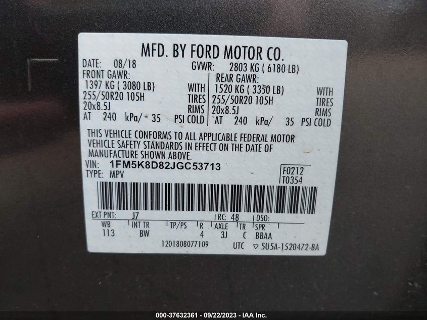 VIN 1FM5K8D82JGC53713 2018 FORD EXPLORER XLT