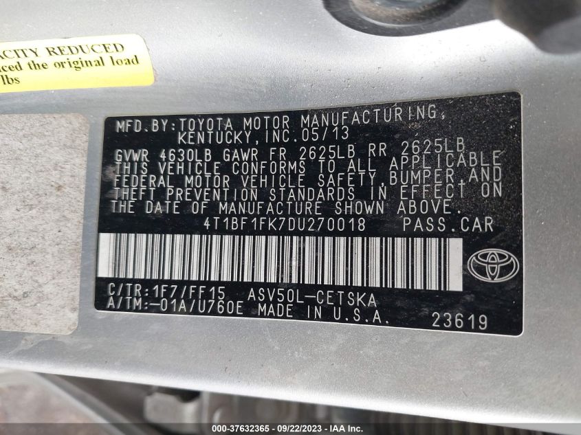2013 TOYOTA CAMRY L/SE/LE/XLE - 4T1BF1FK7DU270018