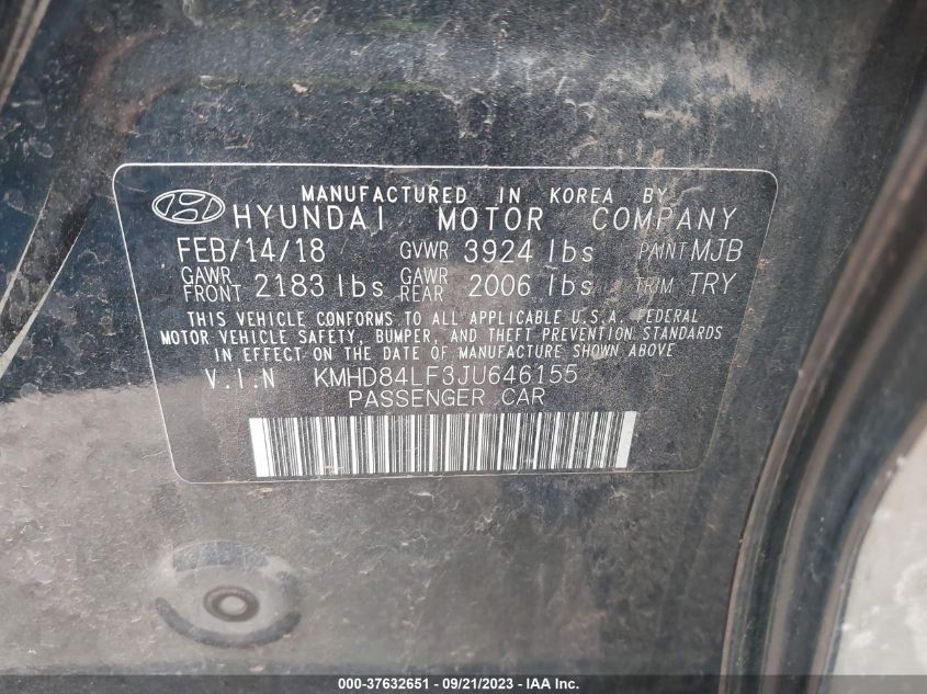 2018 HYUNDAI ELANTRA LIMITED - KMHD84LF3JU646155