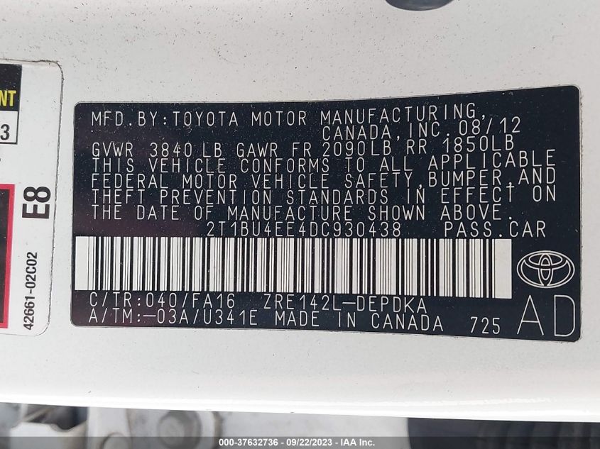 2013 TOYOTA COROLLA L/LE/S - 2T1BU4EE4DC930438