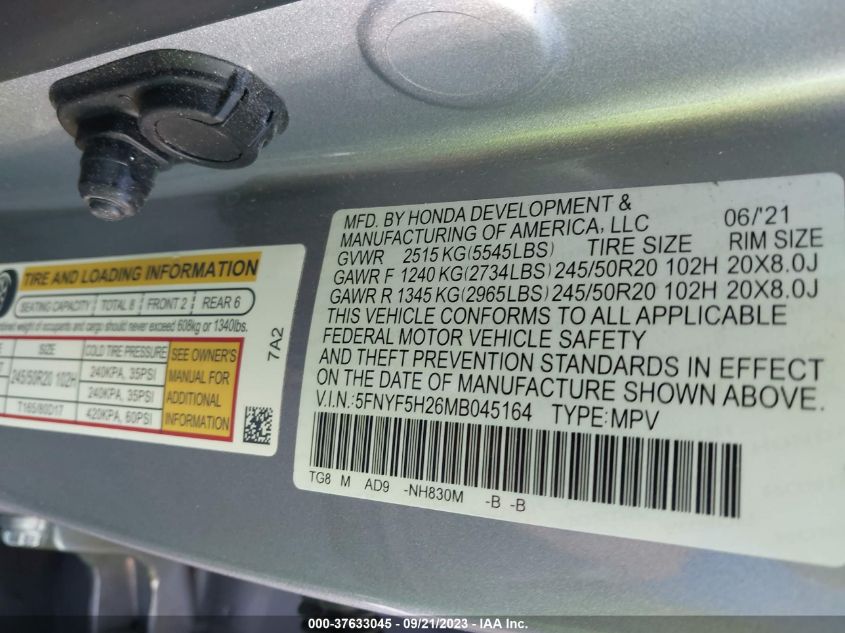 VIN 5FNYF5H26MB045164 2021 HONDA PILOT no.9