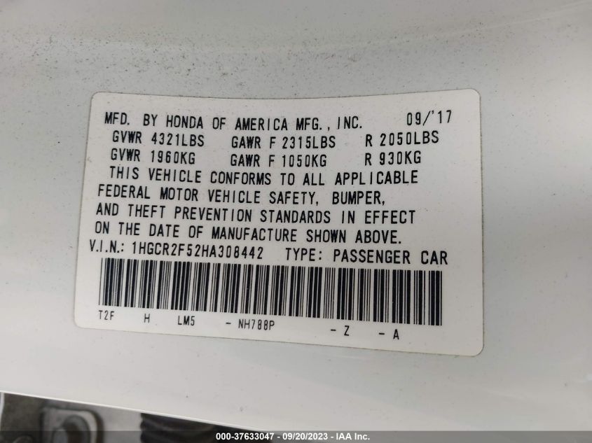 2017 HONDA ACCORD SEDAN SPORT - 1HGCR2F52HA308442