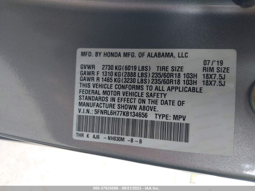 5FNRL6H77KB134656 Honda Odyssey EX-L 9