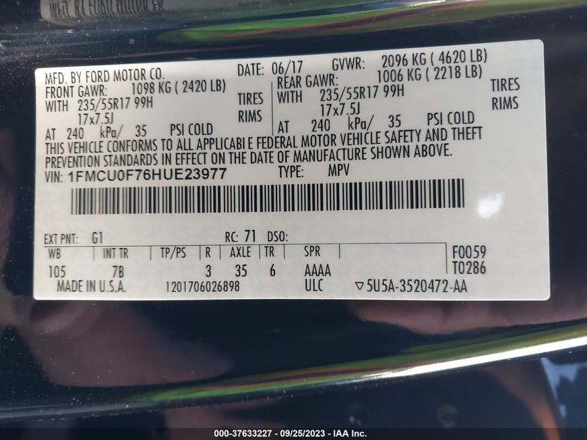 VIN 1FMCU0F76HUE23977 2017 FORD ESCAPE S