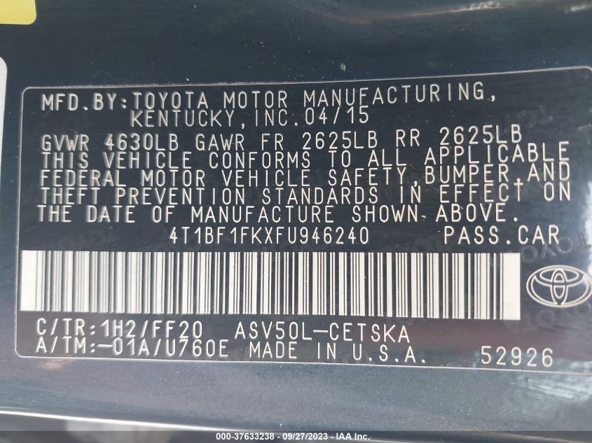 2015 TOYOTA CAMRY XLE/SE/LE/XSE - 4T1BF1FKXFU946240