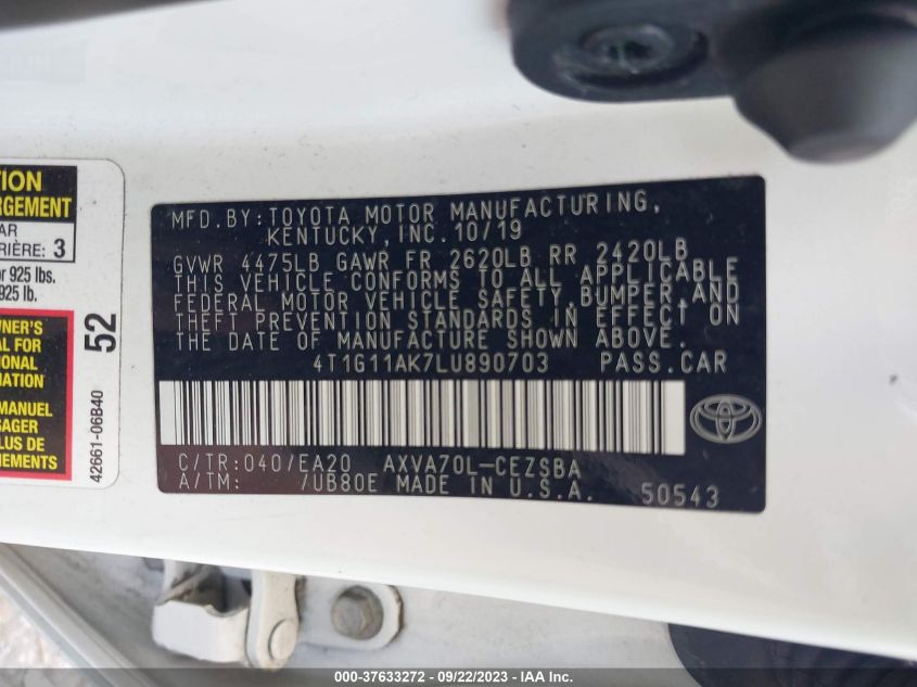 2020 TOYOTA CAMRY SE - 4T1G11AK7LU890703
