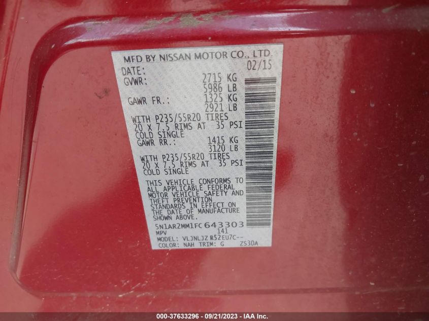 2015 NISSAN PATHFINDER PLATINUM - 5N1AR2MM1FC643303