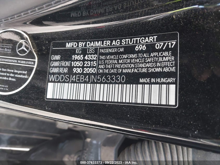 VIN WDDSJ4EB4JN563330 2018 MERCEDES-BENZ CLA CLA 250