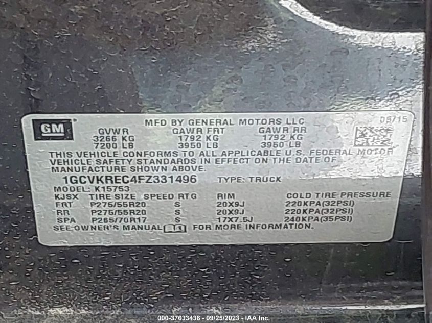 2015 CHEVROLET SILVERADO 1500 LT - 1GCVKREC4FZ331496