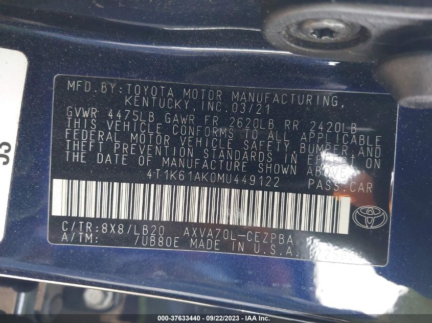2021 TOYOTA CAMRY XSE - 4T1K61AK0MU449122