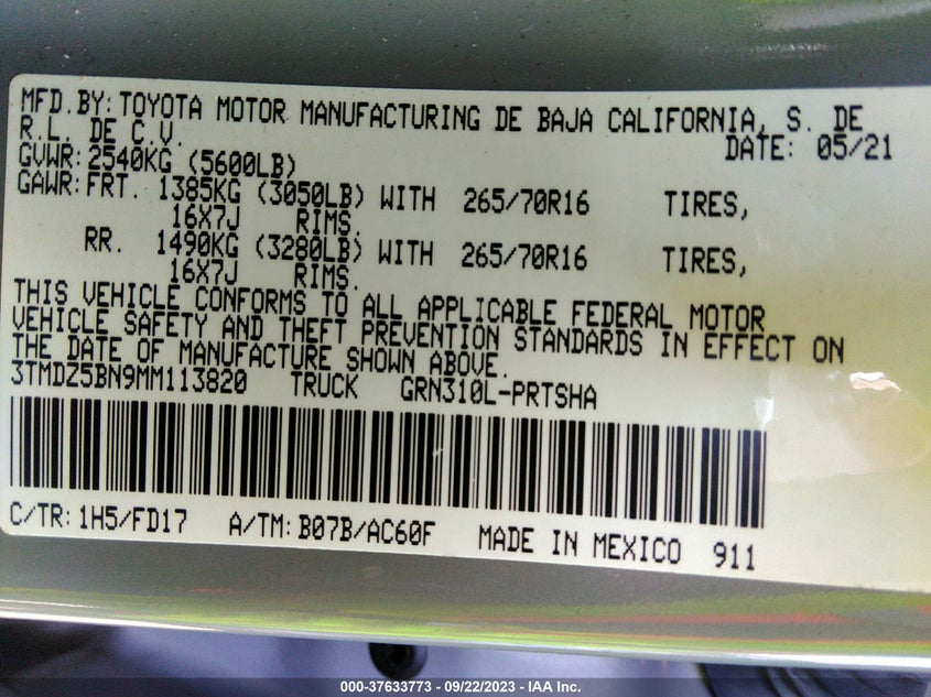 VIN 3TMDZ5BN9MM113820 2021 TOYOTA TACOMA 4WD SR5/TRD SPORT