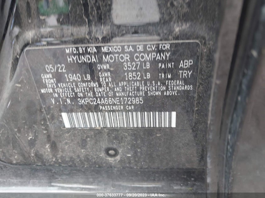 VIN 3KPC24A66NE172985 2022 HYUNDAI ACCENT SEL