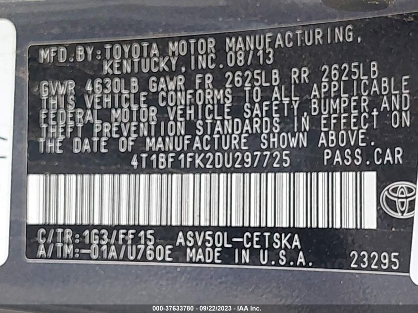 2013 TOYOTA CAMRY L/LE/SE/XLE - 4T1BF1FK2DU297725