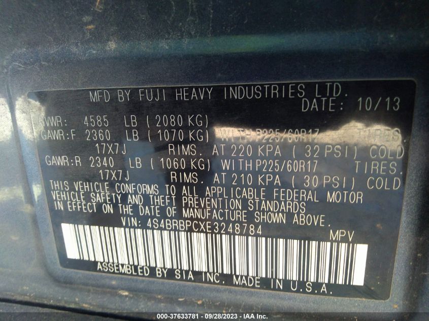 2014 SUBARU OUTBACK 2.5I LIMITED - 4S4BRBPCXE3248784