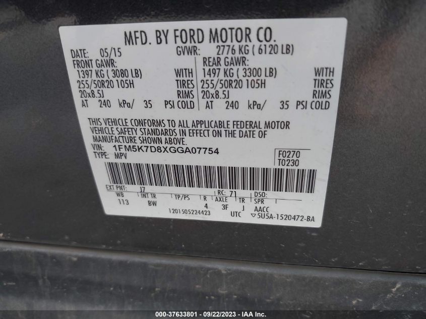 2016 FORD EXPLORER XLT - 1FM5K7D8XGGA07754