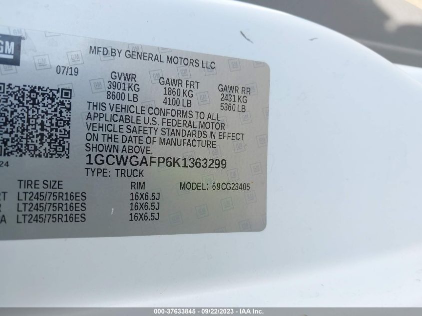2019 CHEVROLET EXPRESS 2500 WORK VAN 1GCWGAFP6K1363299