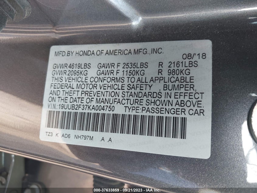 VIN 19UUB2F37KA004750 2019 ACURA TLX