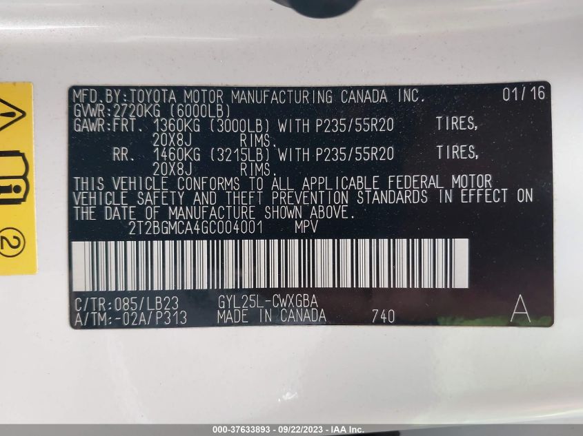 2016 LEXUS RX 450H 2T2BGMCA4GC004001