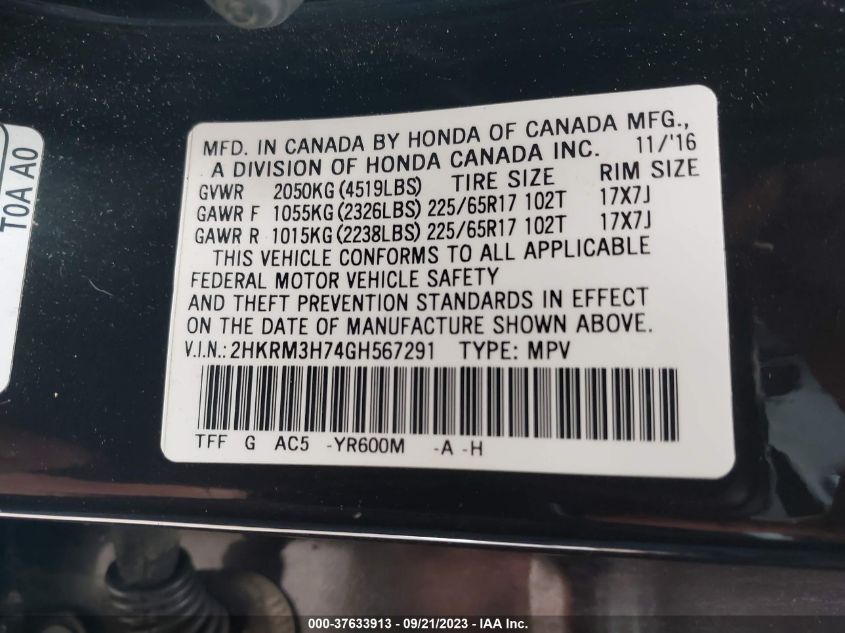 2016 HONDA CR-V EX-L - 2HKRM3H74GH567291