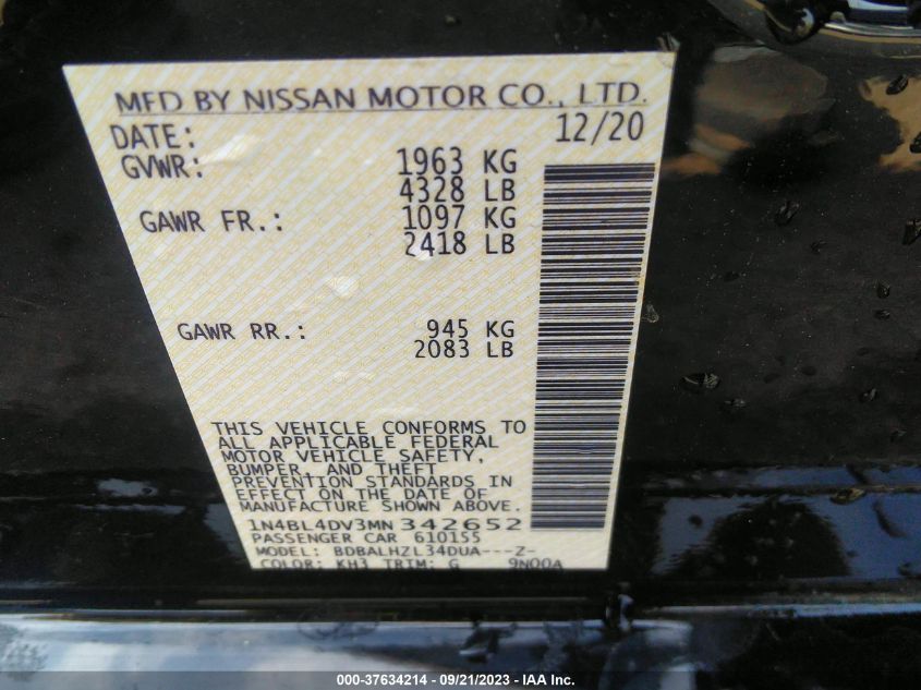 VIN 1N4BL4DV3MN342652 2021 NISSAN ALTIMA SV