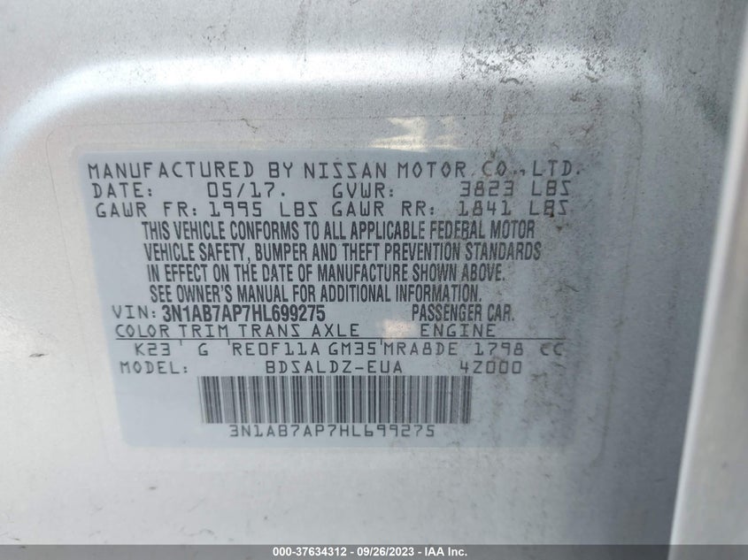 VIN 3N1AB7AP7HL699275 2017 NISSAN SENTRA SV