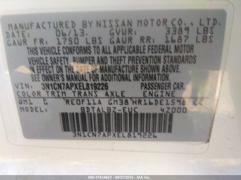 2014 NISSAN VERSA SV - 3N1CN7APXEL819226