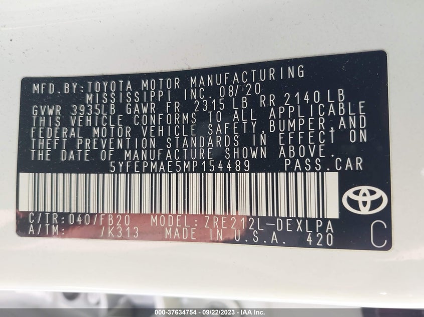 VIN 5YFEPMAE5MP154489 2021 TOYOTA COROLLA LE