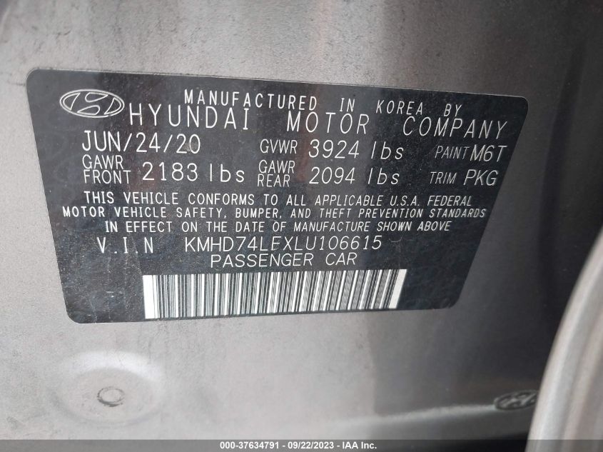 2020 HYUNDAI ELANTRA SE - KMHD74LFXLU106615