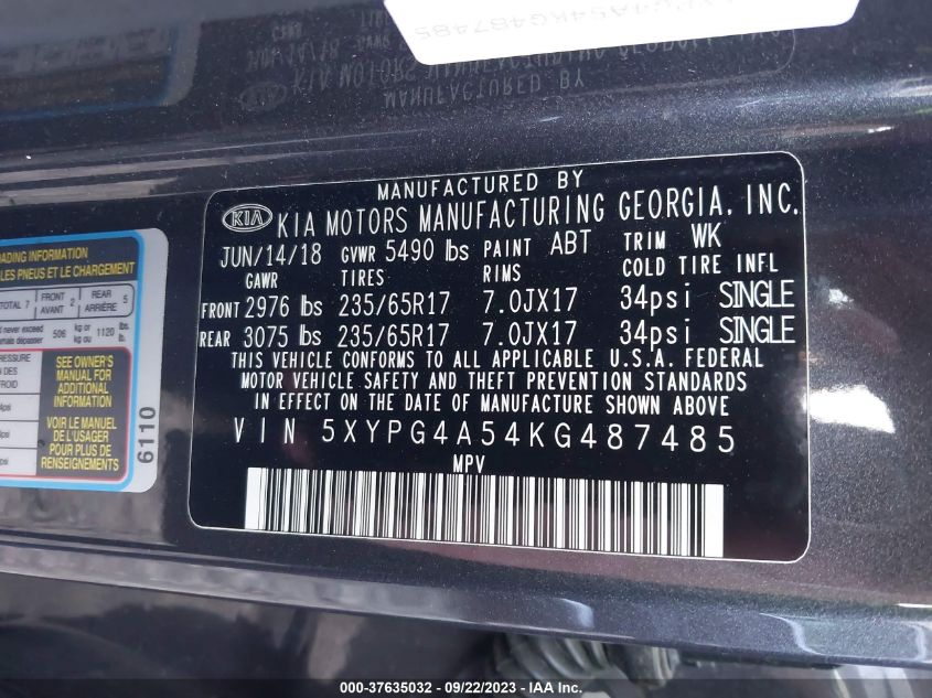 2019 KIA SORENTO LX/S - 5XYPG4A54KG487485