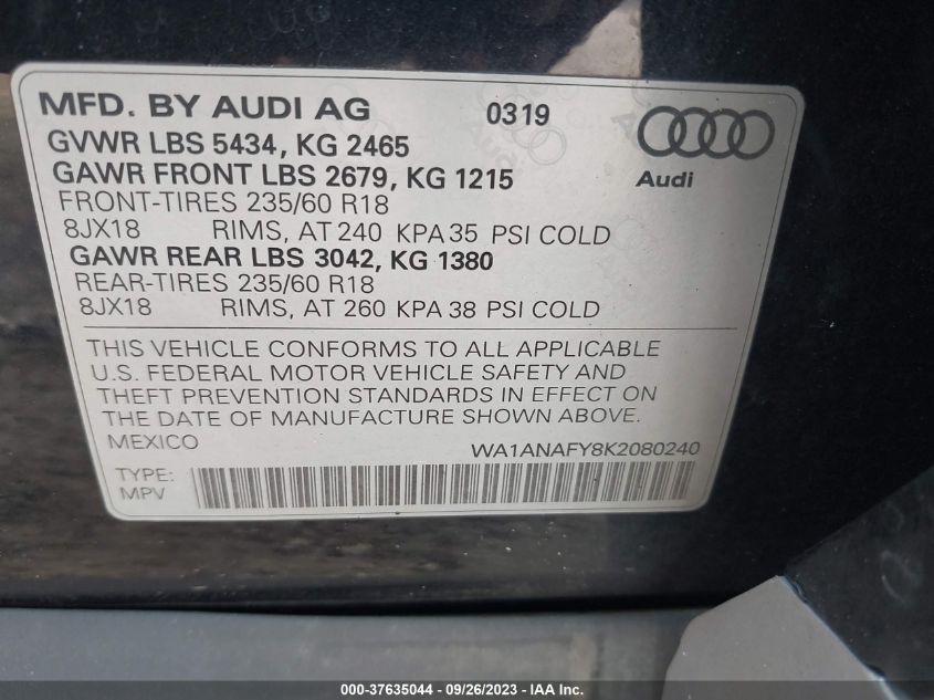 WA1ANAFY8K2080240 2019 AUDI Q5, photo no. 9