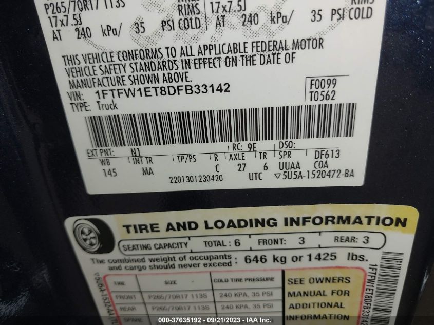 2013 FORD F-150 XL/XLT/FX4/LARIAT - 1FTFW1ET8DFB33142