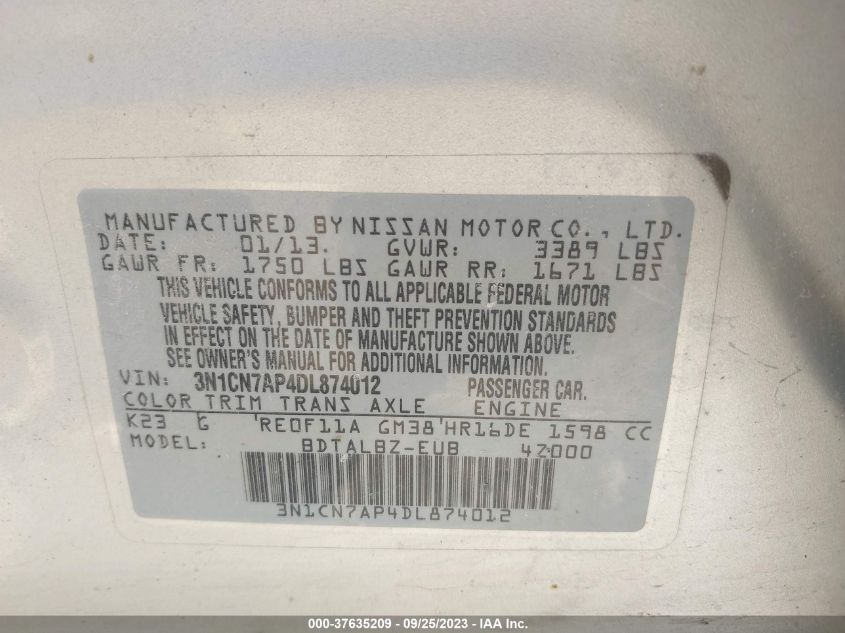 2013 NISSAN VERSA SV - 3N1CN7AP4DL874012