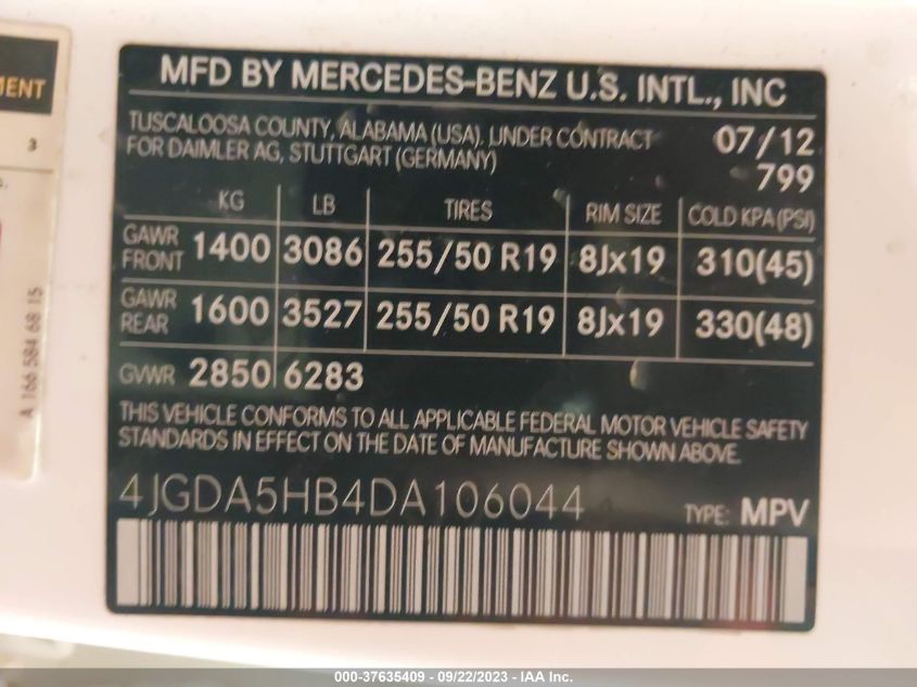 2013 MERCEDES-BENZ M-CLASS ML 350 4JGDA5HB4DA106044