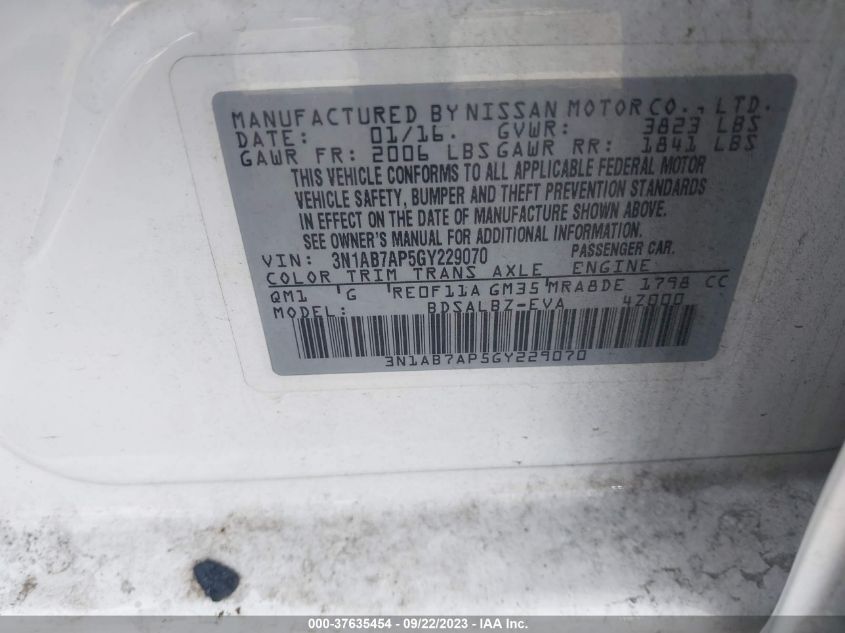 2016 NISSAN SENTRA S - 3N1AB7AP5GY229070