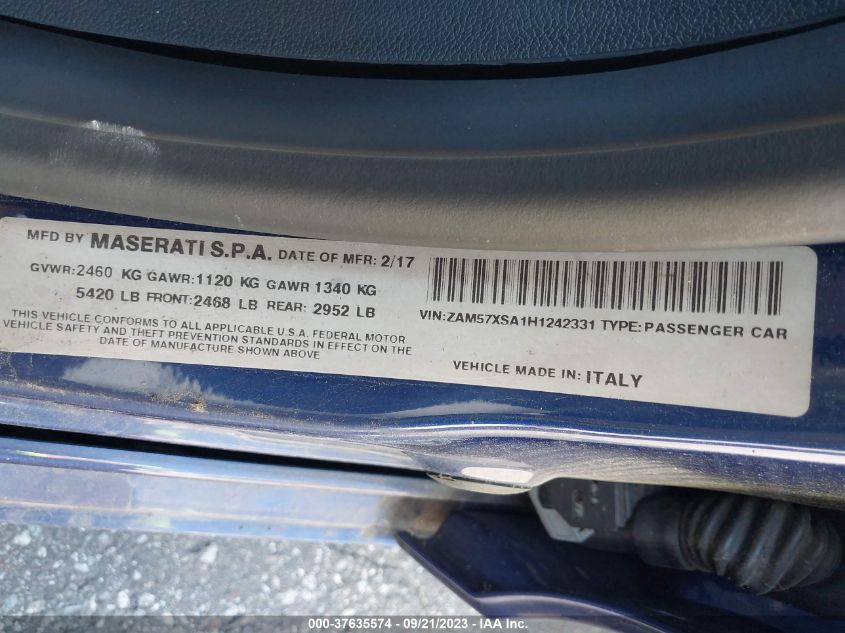 2017 MASERATI GHIBLI ZAM57XSA1H1242331