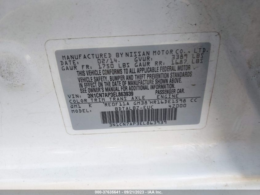 2014 NISSAN VERSA SV - 3N1CN7AP3EL863939