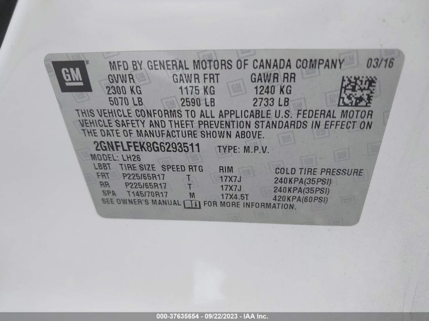 2016 CHEVROLET EQUINOX LT - 2GNFLFEK8G6293511