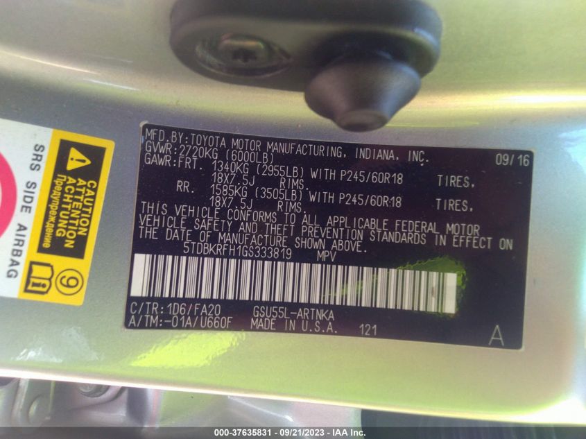 2016 TOYOTA HIGHLANDER LE/LE PLUS - 5TDBKRFH1GS333819