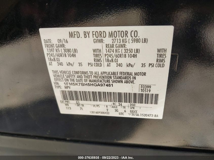 2017 FORD EXPLORER - 1FM5K7BH5HGA97481
