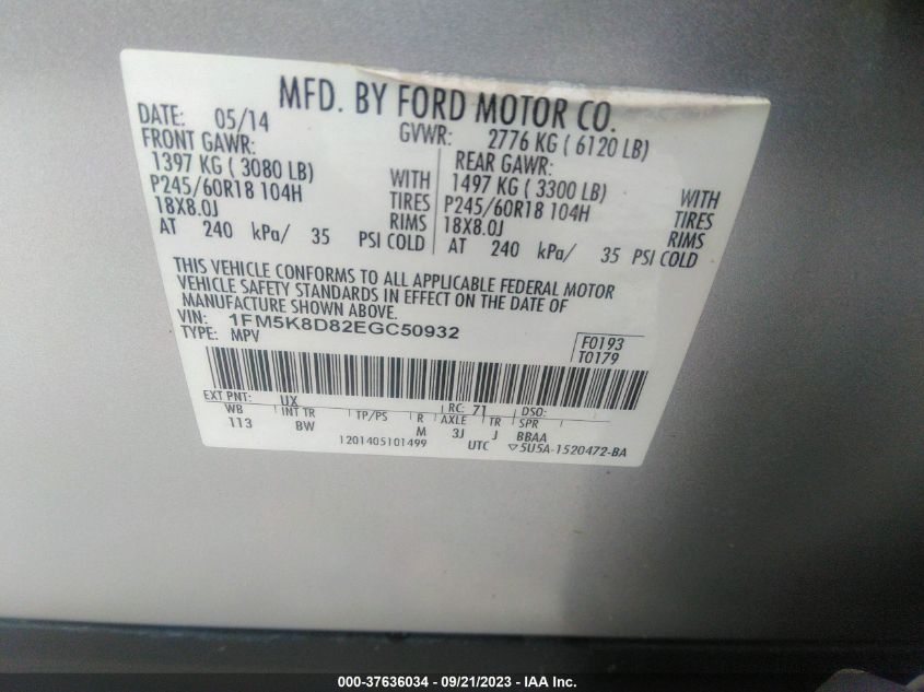 2014 FORD EXPLORER XLT - 1FM5K8D82EGC50932