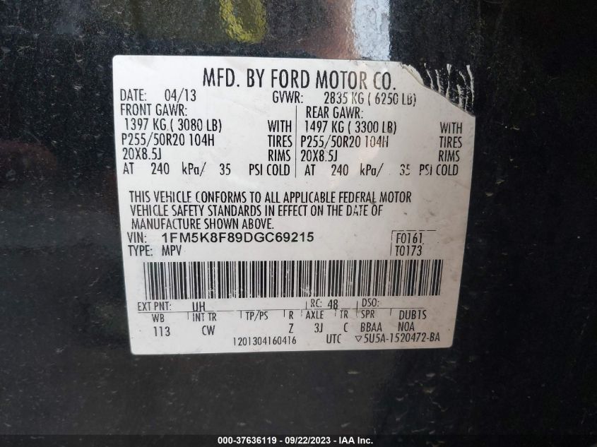 2013 FORD EXPLORER LIMITED - 1FM5K8F89DGC69215