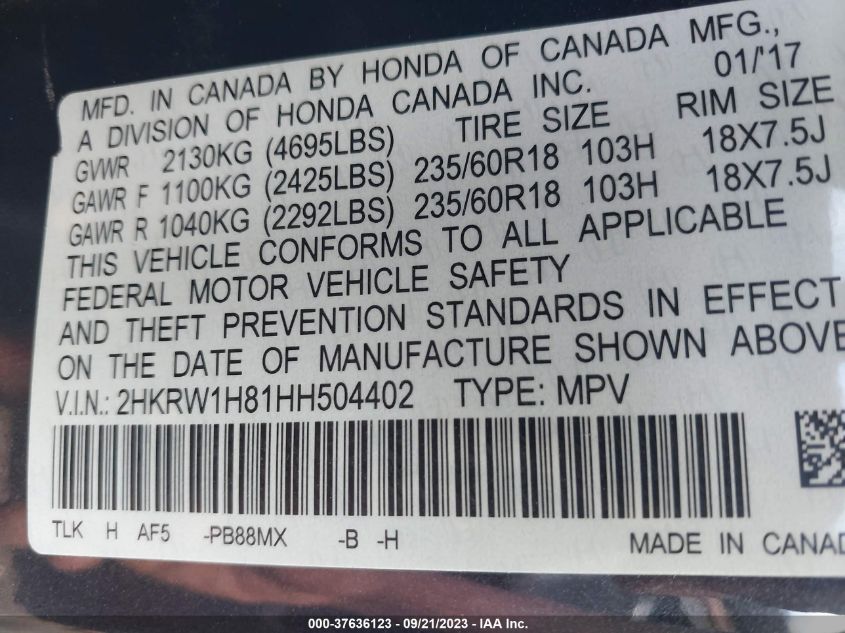 2017 HONDA CR-V EX-L - 2HKRW1H81HH504402