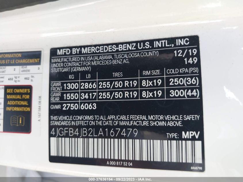 VIN 4JGFB4JB2LA167479 2020 MERCEDES-BENZ GLE GLE 350