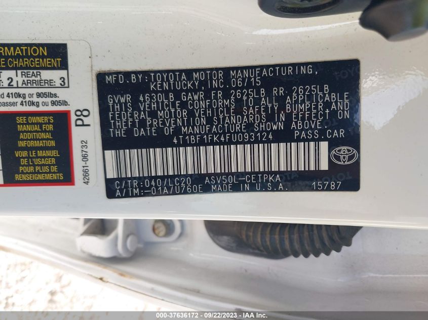 2015 TOYOTA CAMRY LE/XLE/SE/XSE - 4T1BF1FK4FU093124