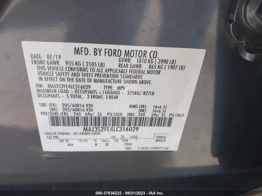 VIN MAJ3S2FE4LC316029 2020 FORD ECOSPORT S