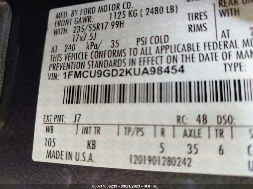 VIN 1FMCU9GD2KUA98454 2019 FORD ESCAPE SE